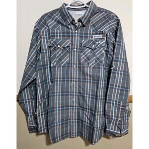 Columbia PFG Vented Pearl Snap Shirt Mens M Fishing Long Sleeve Roll Up Plaid